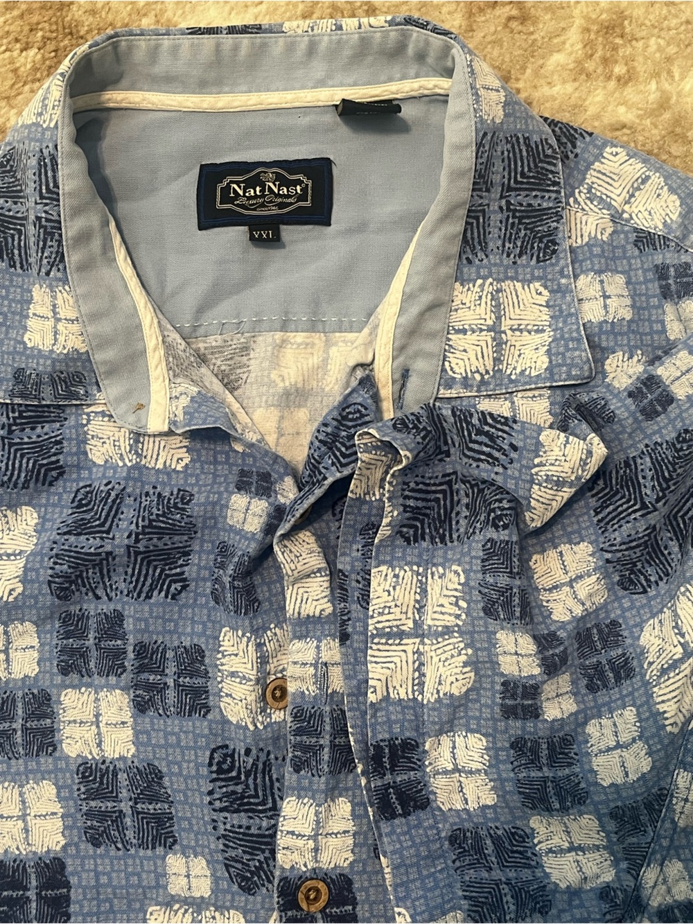 Nat Nast Mens XXL Silk Blend Blue Abstract Geometric Camp Button Up Shirt Luxury